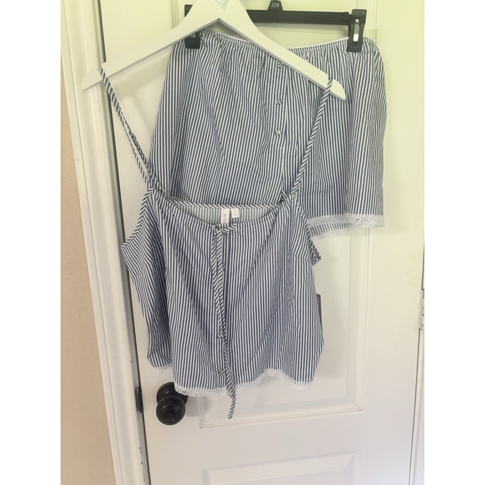 NWT Joyspun Blue White Stripe Pajama Set L 100% Cotton Poplin Cami Shorts 2PC